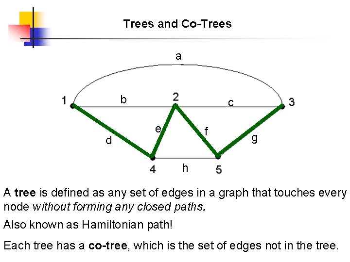 Trees and Co-Trees a b d c e f g h A tree is