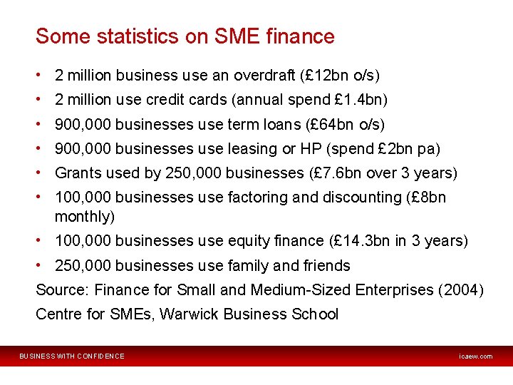 Some statistics on SME finance • 2 million business use an overdraft (£ 12
