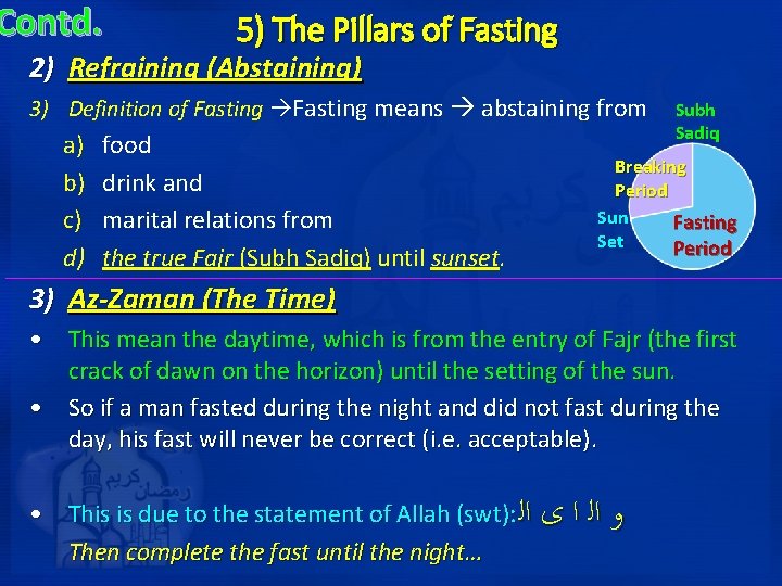 Contd. 5) The Pillars of Fasting 2) Refraining (Abstaining) 3) Definition of Fasting means