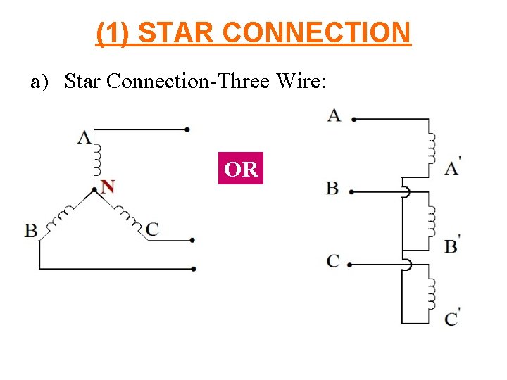 (1) STAR CONNECTION a) Star Connection-Three Wire: OR 