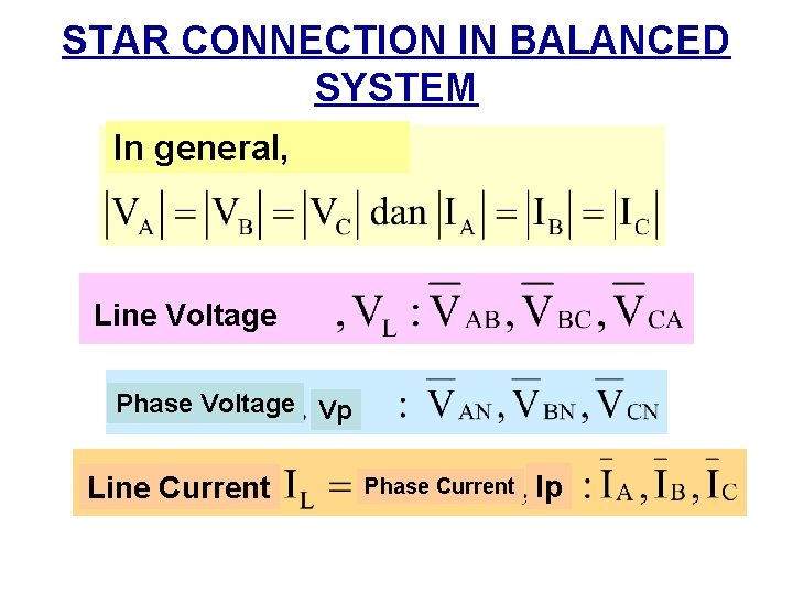 STAR CONNECTION IN BALANCED SYSTEM In general, Line Voltage Phase Voltage Vp Line Current
