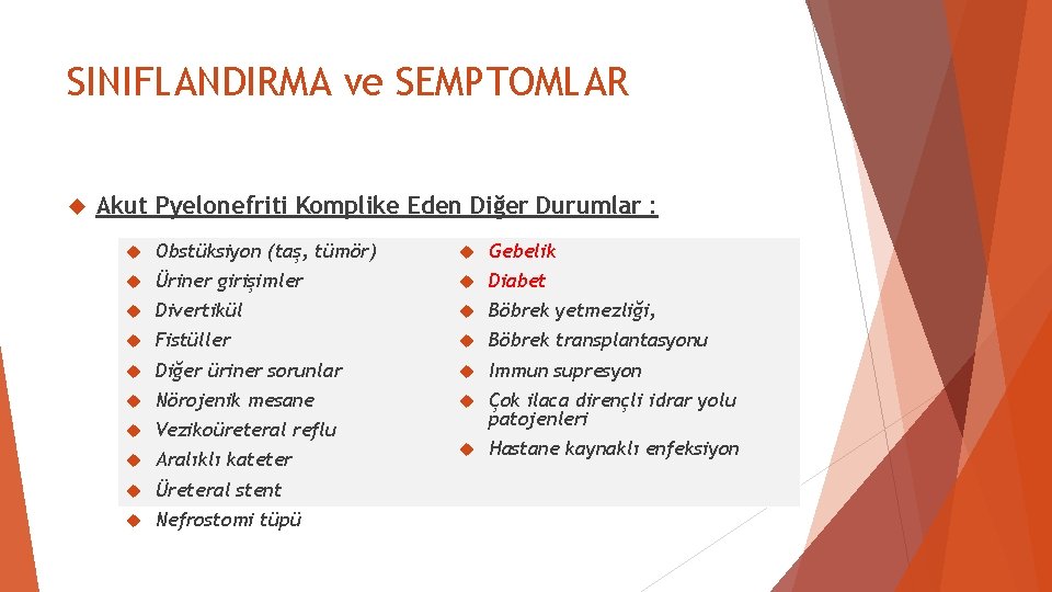 SINIFLANDIRMA ve SEMPTOMLAR Akut Pyelonefriti Komplike Eden Diğer Durumlar : Obstüksiyon (taş, tümör) Gebelik