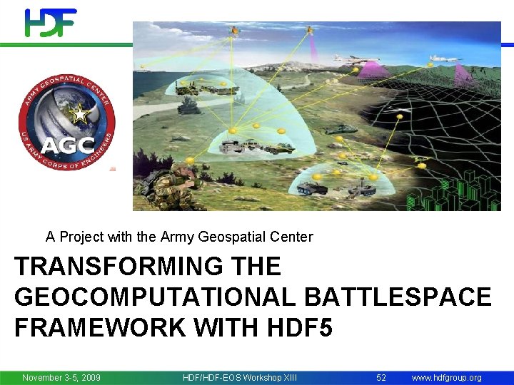 A Project with the Army Geospatial Center TRANSFORMING THE GEOCOMPUTATIONAL BATTLESPACE FRAMEWORK WITH HDF