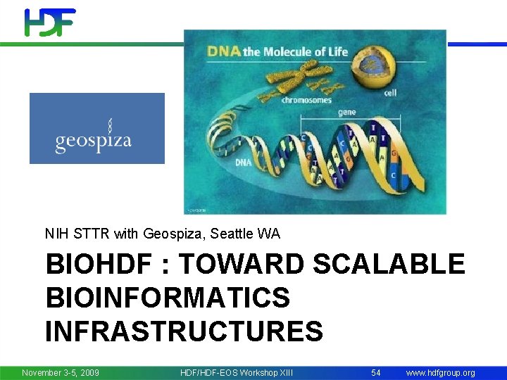 NIH STTR with Geospiza, Seattle WA BIOHDF : TOWARD SCALABLE BIOINFORMATICS INFRASTRUCTURES TM November