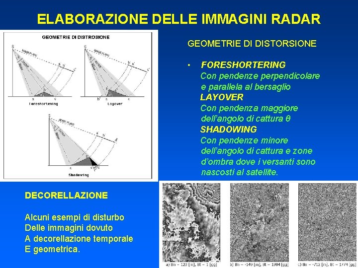 ELABORAZIONE DELLE IMMAGINI RADAR GEOMETRIE DI DISTORSIONE • DECORELLAZIONE Alcuni esempi di disturbo Delle