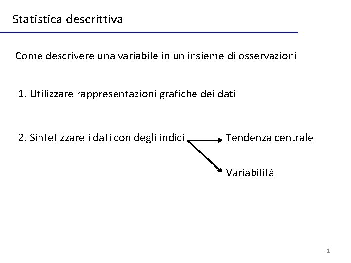 Statistica descrittiva Come descrivere una variabile in un insieme di osservazioni 1. Utilizzare rappresentazioni