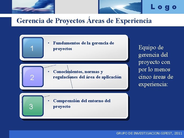 Logo Gerencia de Proyectos Áreas de Experiencia 1 • Fundamentos de la gerencia de