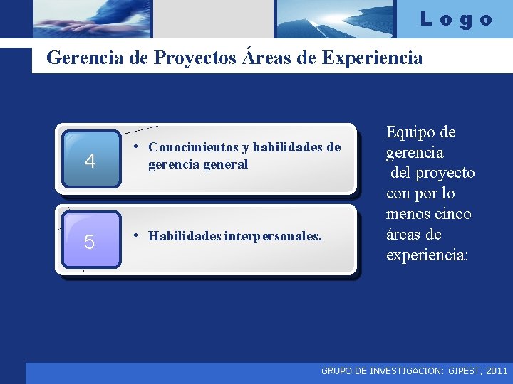 Logo Gerencia de Proyectos Áreas de Experiencia 4 • Conocimientos y habilidades de gerencia