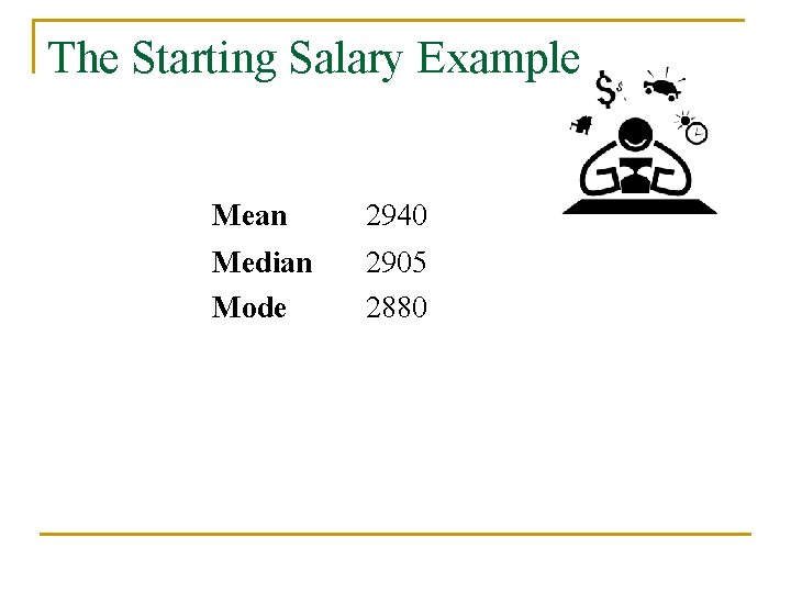 The Starting Salary Example Mean 2940 Median Mode 2905 2880 