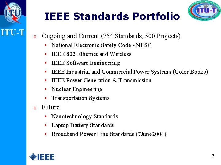 IEEE Standards Portfolio ITU-T o Ongoing and Current (754 Standards, 500 Projects) • National