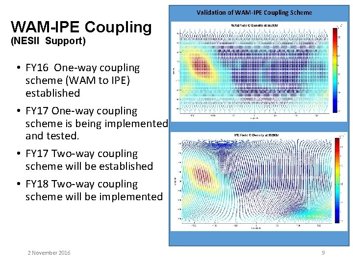 Validation of WAM-IPE Coupling Scheme WAM-IPE Coupling (NESII Support) • FY 16 One-way coupling