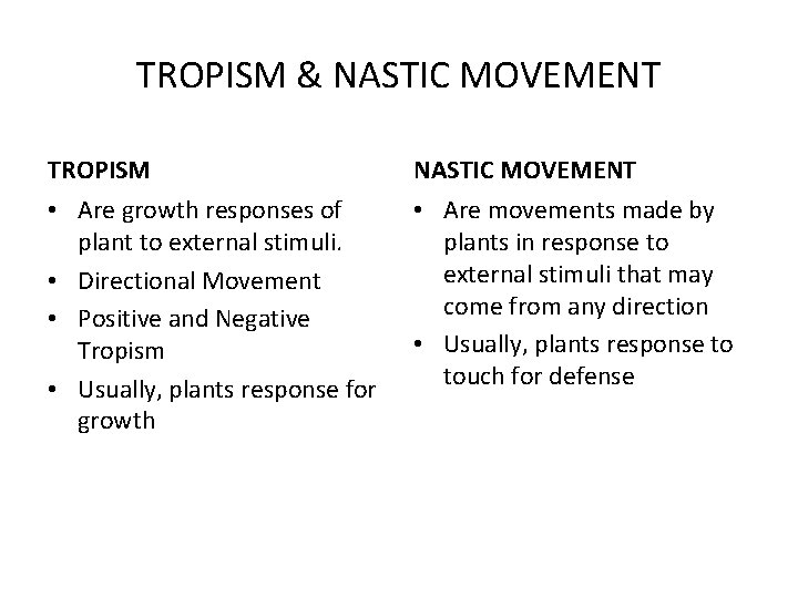 TROPISM & NASTIC MOVEMENT TROPISM NASTIC MOVEMENT • Are growth responses of plant to