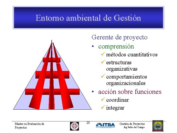 Entorno ambiental de Gestión Gerente de proyecto • comprensión ü métodos cuantitativos ü estructuras