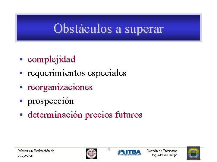 Obstáculos a superar • • • complejidad requerimientos especiales reorganizaciones prospección determinación precios futuros