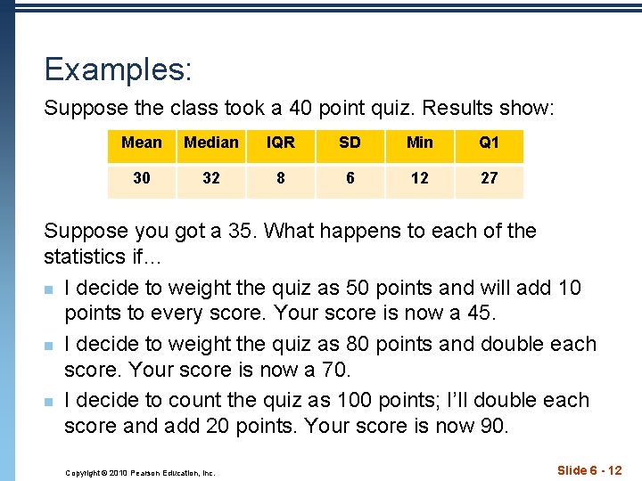 Examples: Suppose the class took a 40 point quiz. Results show: Mean Median IQR