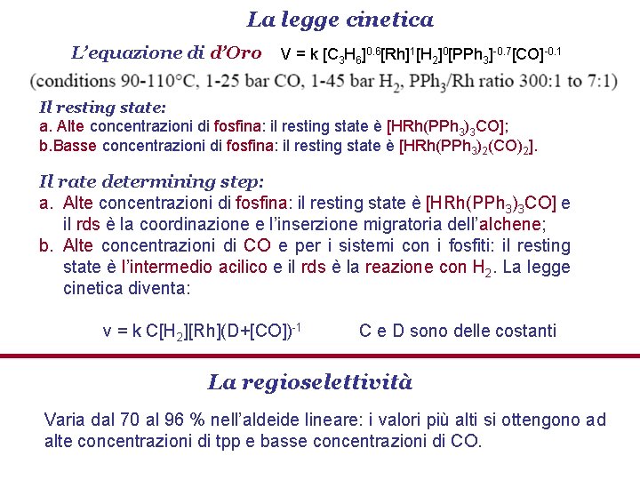 La legge cinetica L’equazione di d’Oro V = k [C 3 H 6]0. 6[Rh]1[H