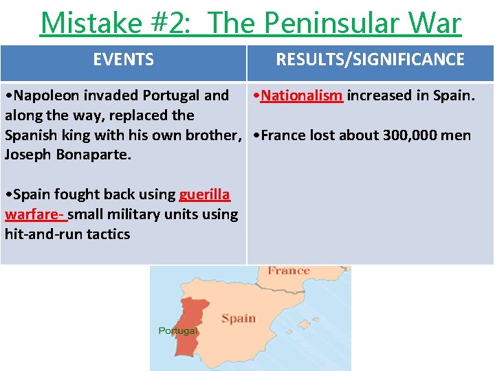 Mistake #2: The Peninsular War EVENTS RESULTS/SIGNIFICANCE • Napoleon invaded Portugal and • Nationalism