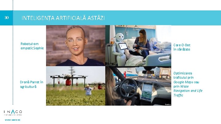 INTELIGENȚA ARTIFICIALĂ ASTĂZI 30 Robotul-om empatic Sophie Care-O-Bot în sănătate Dronă Parrot în agricultură