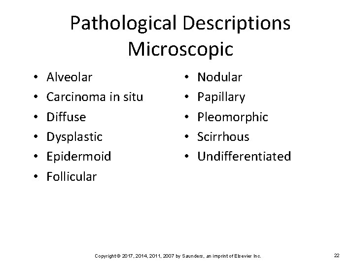 Pathological Descriptions Microscopic • • • Alveolar Carcinoma in situ Diffuse Dysplastic Epidermoid Follicular