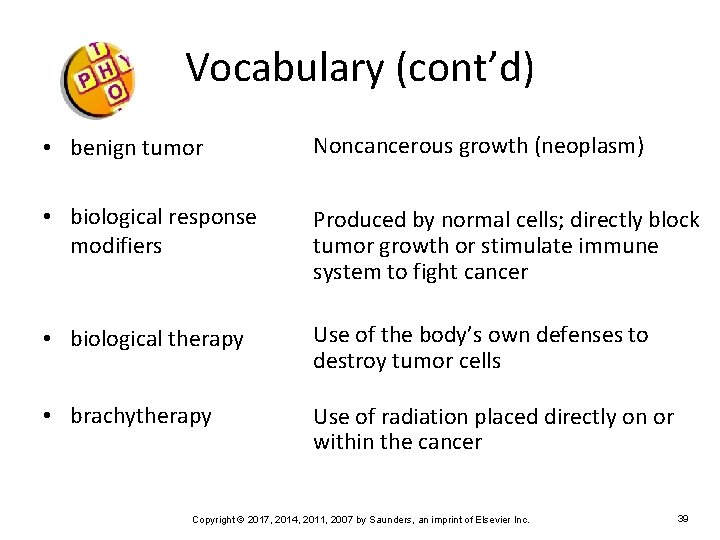 Vocabulary (cont’d) • benign tumor Noncancerous growth (neoplasm) • biological response modifiers Produced by