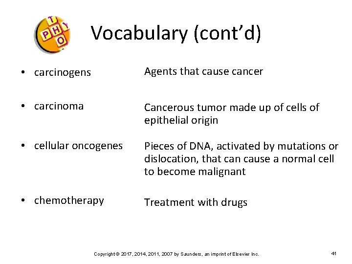 Vocabulary (cont’d) • carcinogens Agents that cause cancer • carcinoma Cancerous tumor made up