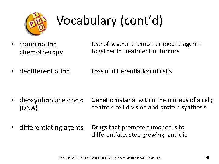 Vocabulary (cont’d) • combination chemotherapy Use of several chemotherapeutic agents together in treatment of