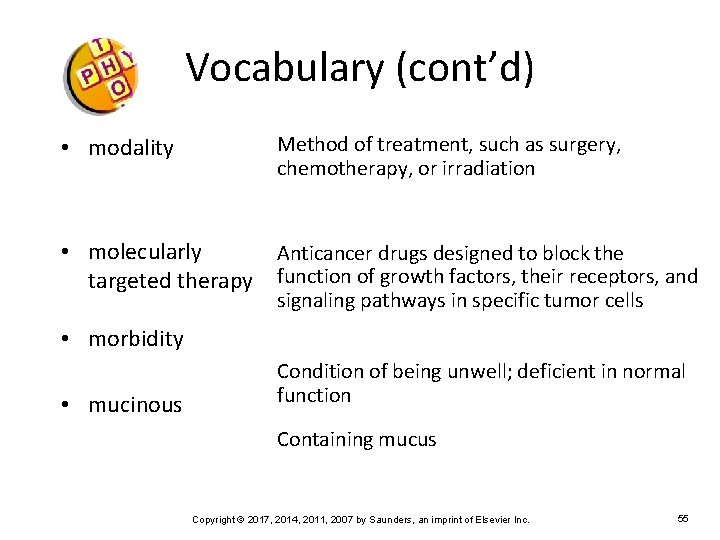 Vocabulary (cont’d) • modality Method of treatment, such as surgery, chemotherapy, or irradiation •
