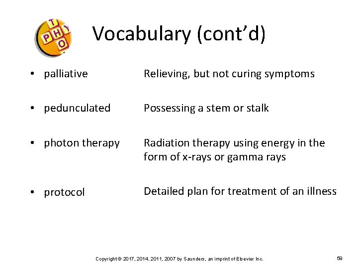 Vocabulary (cont’d) • palliative Relieving, but not curing symptoms • pedunculated Possessing a stem