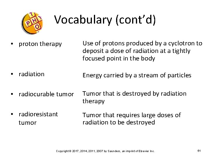 Vocabulary (cont’d) • proton therapy Use of protons produced by a cyclotron to deposit