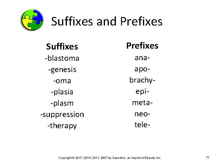 Suffixes and Prefixes Suffixes -blastoma -genesis -oma -plasia -plasm -suppression -therapy Prefixes anaapobrachyepimetaneotele- Copyright