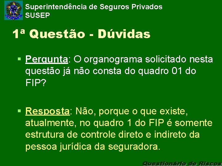 Superintendência de Seguros Privados SUSEP 1ª Questão - Dúvidas § Pergunta: O organograma solicitado