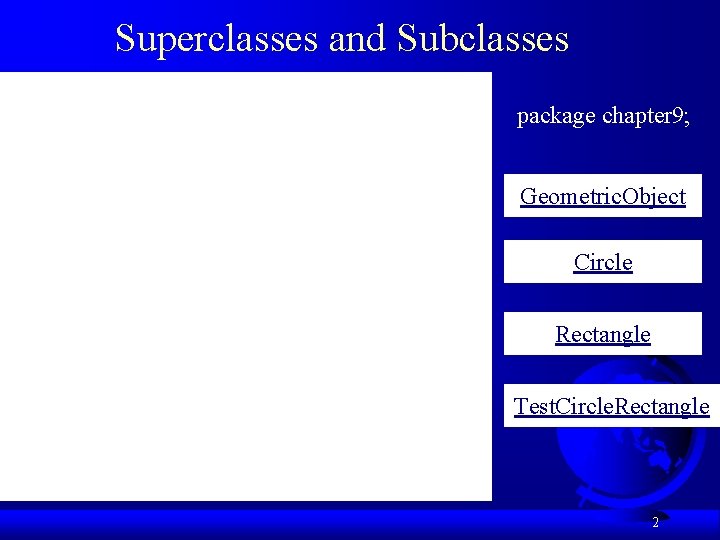 Superclasses and Subclasses package chapter 9; Geometric. Object Circle Rectangle Test. Circle. Rectangle 2