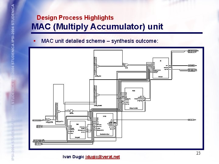 Design Process Highlights MAC (Multiply Accumulator) unit § MAC unit detailed scheme – synthesis