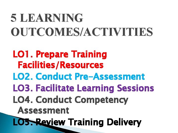 5 LEARNING OUTCOMES/ACTIVITIES LO 1. Prepare Training Facilities/Resources LO 2. Conduct Pre-Assessment LO 3.
