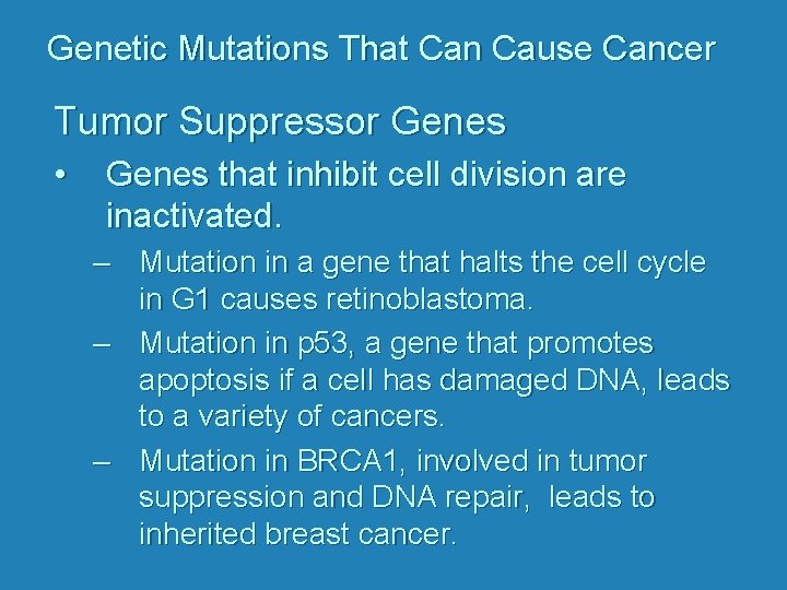 Genetic Mutations That Can Cause Cancer Tumor Suppressor Genes • Genes that inhibit cell