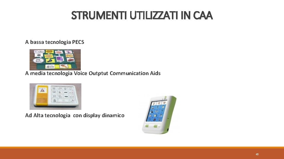 STRUMENTI UTILIZZATI IN CAA A bassa tecnologia PECS A media tecnologia Voice Outptut Communication