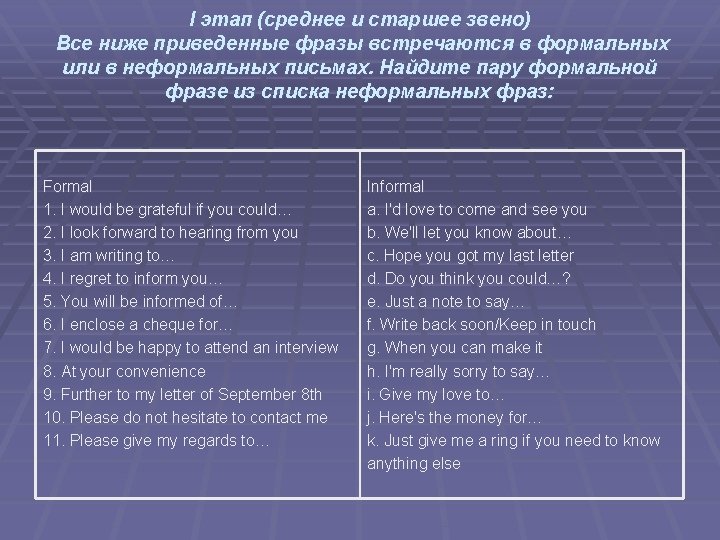 I этап (среднее и старшее звено) Все ниже приведенные фразы встречаются в формальных или I этап (среднее и старшее звено) Все ниже приведенные фразы встречаются в формальных или