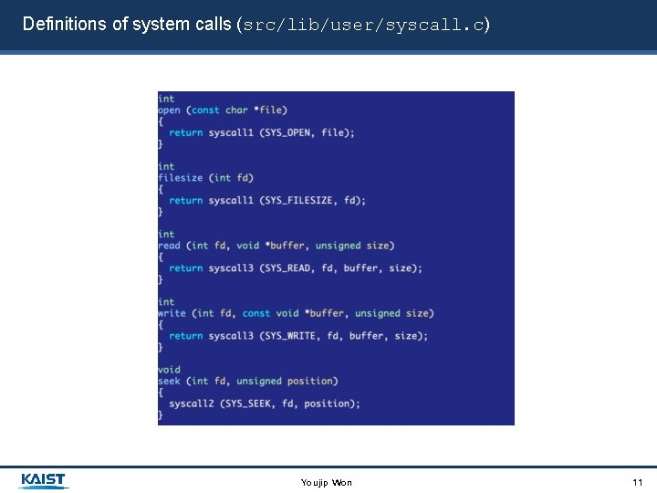 Definitions of system calls (src/lib/user/syscall. c) Youjip Won 11 