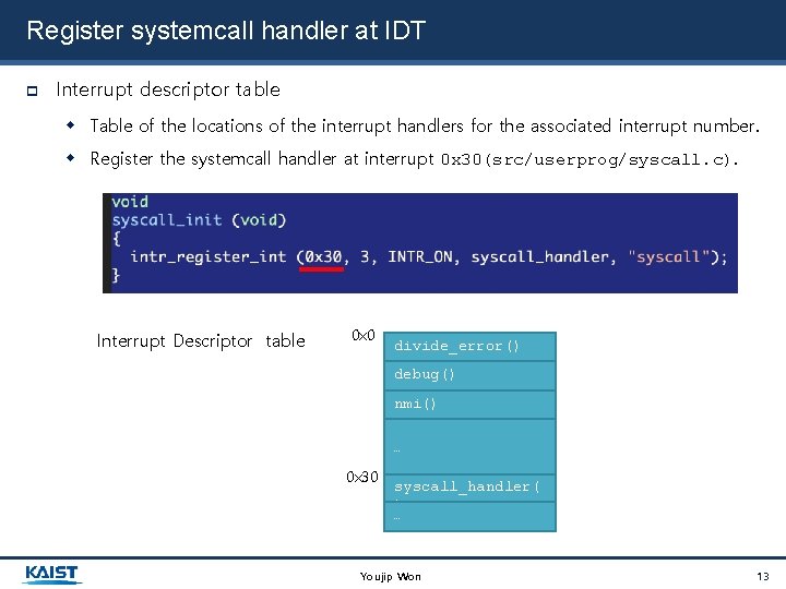 Register systemcall handler at IDT Interrupt descriptor table Table of the locations of the