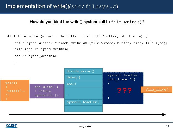 Implementation of write()(src/filesys. c) How do you bind the write() system call to file_write()?