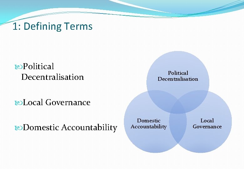 1: Defining Terms Political Decentralisation Local Governance Domestic Accountability Local Governance 