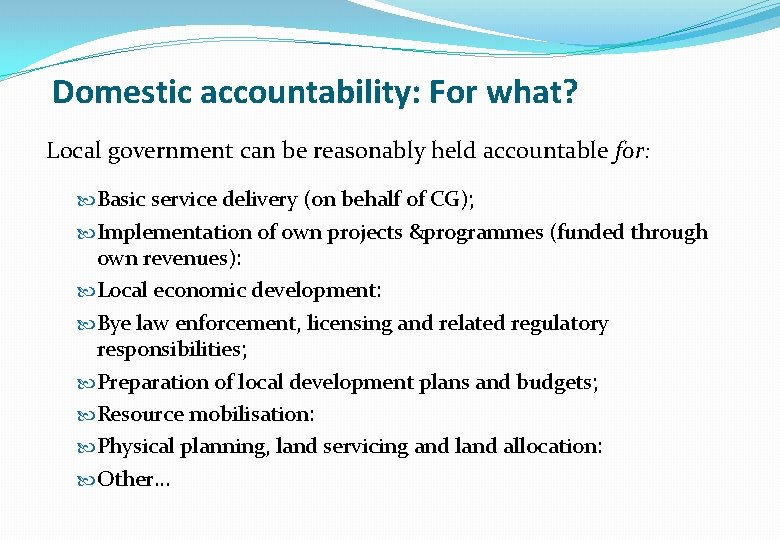 Domestic accountability: For what? Local government can be reasonably held accountable for: Basic service