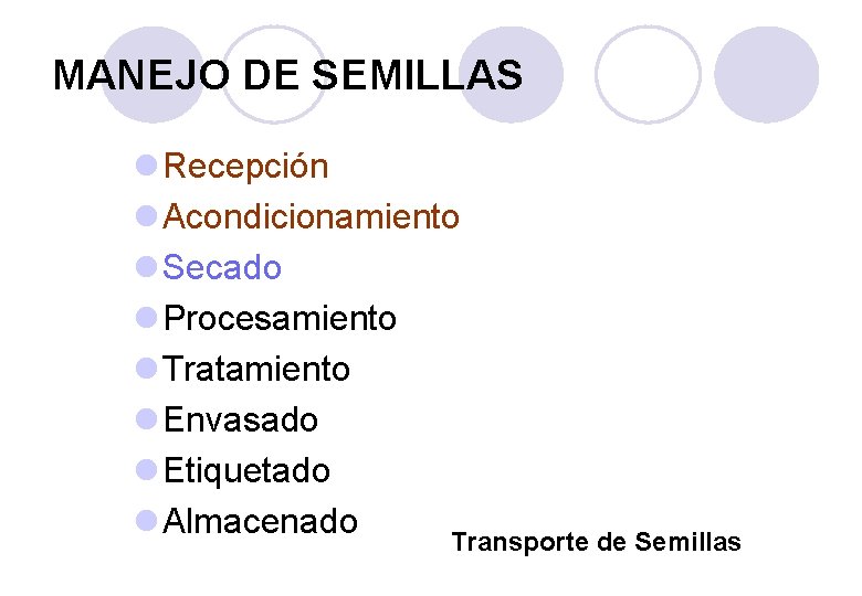 MANEJO DE SEMILLAS l Recepción l Acondicionamiento l Secado l Procesamiento l Tratamiento l