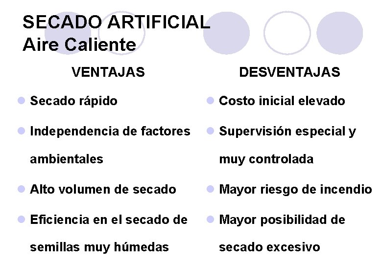 SECADO ARTIFICIAL Aire Caliente VENTAJAS DESVENTAJAS l Secado rápido l Costo inicial elevado l