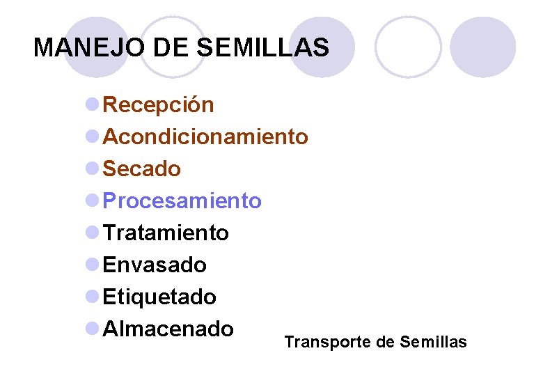 MANEJO DE SEMILLAS l Recepción l Acondicionamiento l Secado l Procesamiento l Tratamiento l