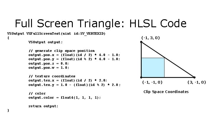 Full Screen Triangle: HLSL Code VSOutput VSFull. Screen. Test(uint id: SV_VERTEXID) { VSOutput output;