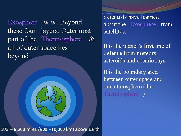 Exosphere -w. w- Beyond these four layers. Outermost part of the Thermosphere & all Exosphere -w. w- Beyond these four layers. Outermost part of the Thermosphere & all