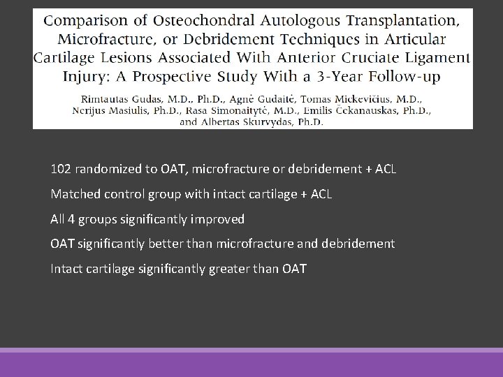102 randomized to OAT, microfracture or debridement + ACL Matched control group with intact