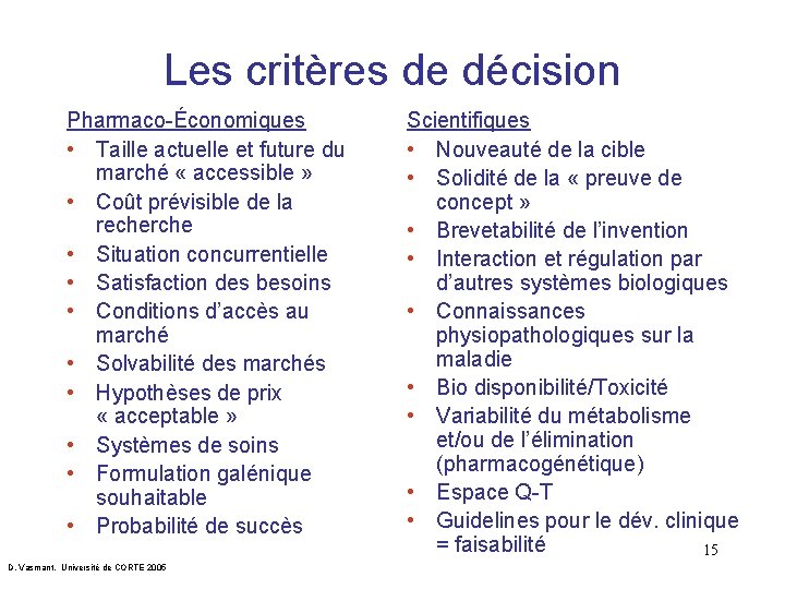 Les critères de décision Pharmaco-Économiques • Taille actuelle et future du marché « accessible