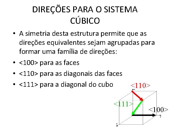 DIREÇÕES PARA O SISTEMA CÚBICO • A simetria desta estrutura permite que as direções